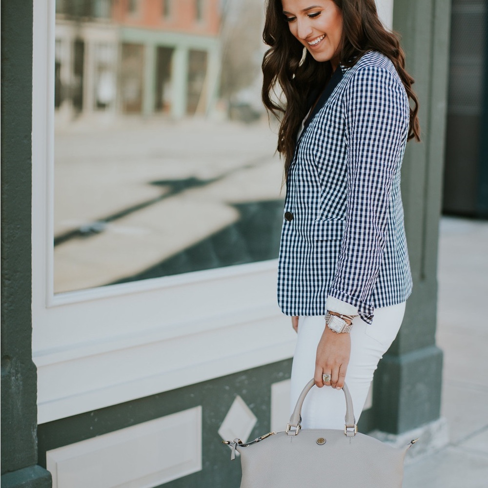 J. Crew Navy and White Gingham Blazer